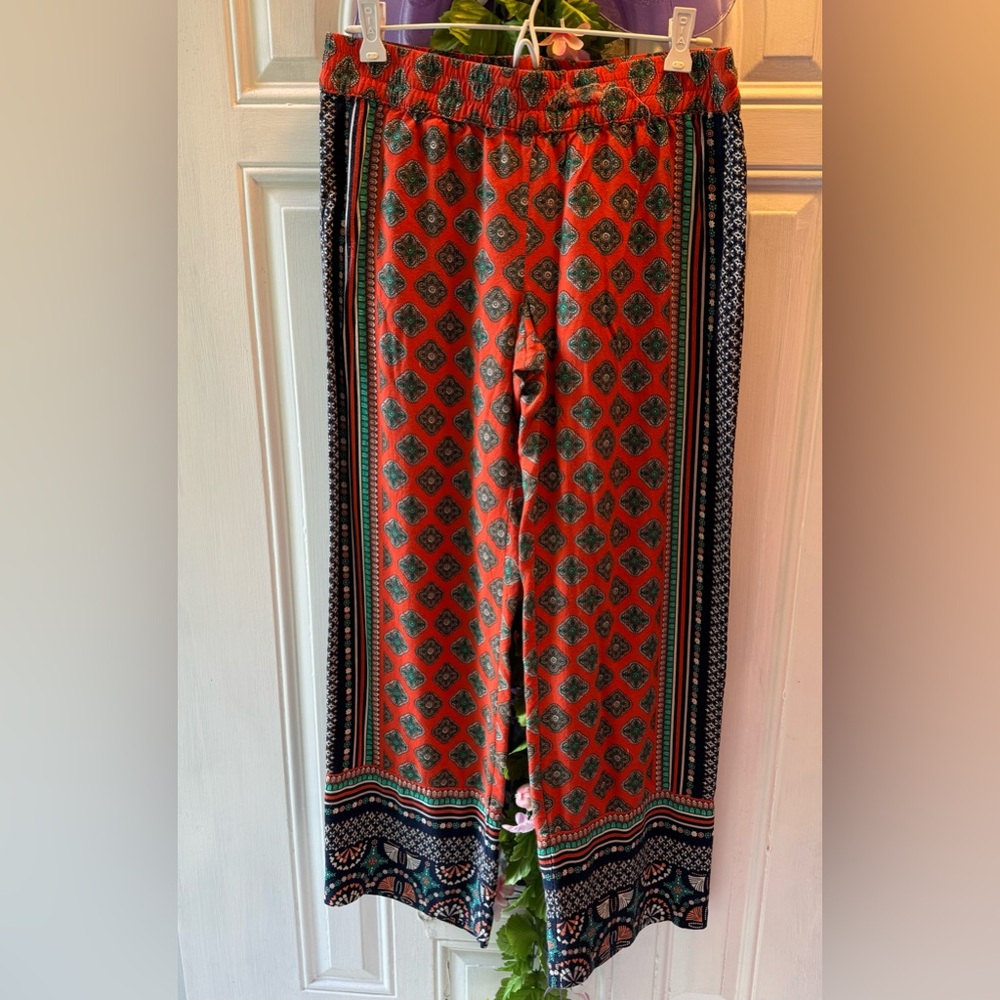 ROSE & THYME Boho Gypsy Orange Blue Green Ethnic Print Pants womens Med